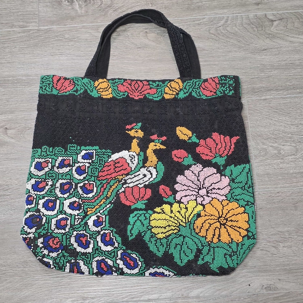Vintage 70's Beaded Peacock Purse Bag BoHo Hippie Mod Tote